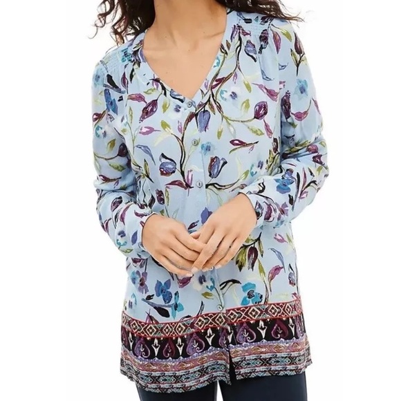 J.Jill M Petite Blue Floral Border-Print Boho V-Neck Button Front Tunic Blouse - Picture 1 of 14